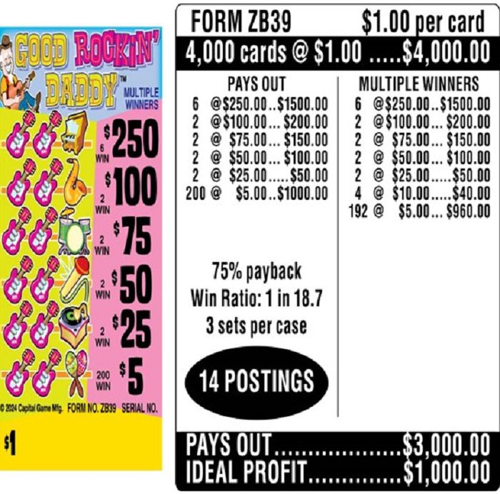 $1.00 Instant Ticket – $250 TOP ($5 Bottom) – Form # ZB39 Good Rockin’ Daddy (3-Window)