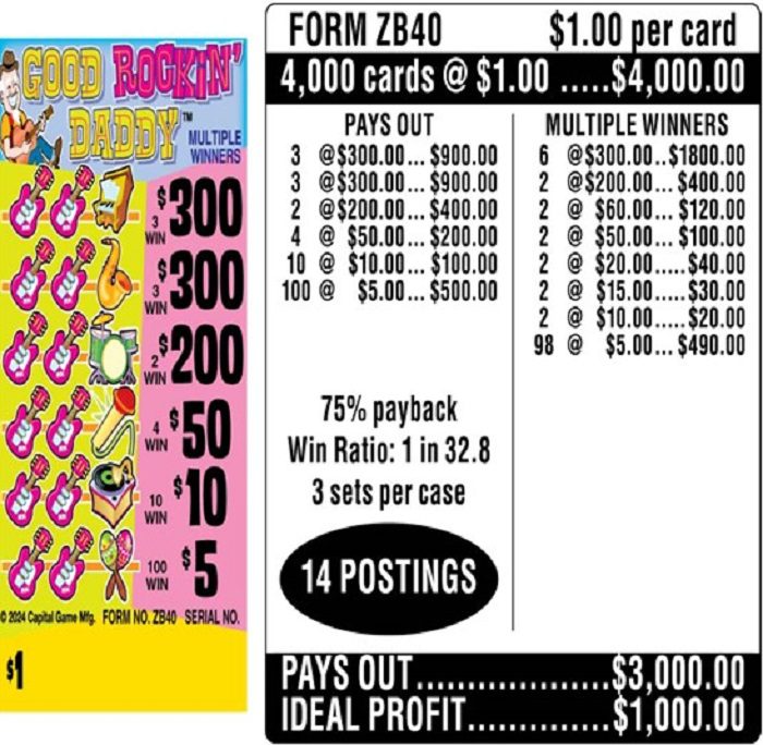 $1.00 Instant Ticket – $300 TOP ($5 Bottom) – Form # ZB40 Good Rockin’ Daddy (3-Window)
