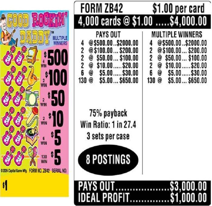 $1.00 Instant Ticket – $500 TOP ($5 Bottom) – Form # ZB42 Good Rockin’ Daddy (3-Window)