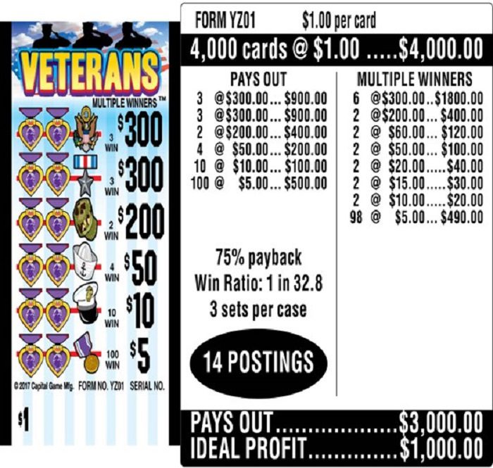 $1.00 Instant Ticket – $300 TOP ($5 Bottom) – Form # YZ01 Veterans (3-Window)