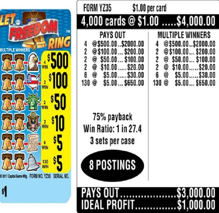 $1.00 Instant Ticket – $500 TOP ($5 Bottom) – Form # YZ35 Let Freedom Ring (3-Window)