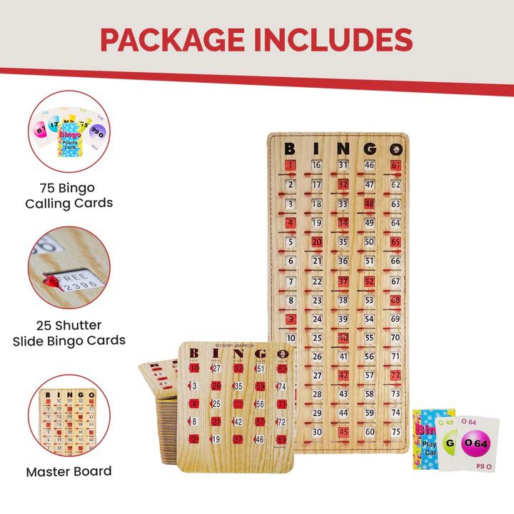 Complete Bingo Game Kit (25 Economy JAM PROOF Shutter Cards, Slider Masterboard, & Bingo Calling Cards)
