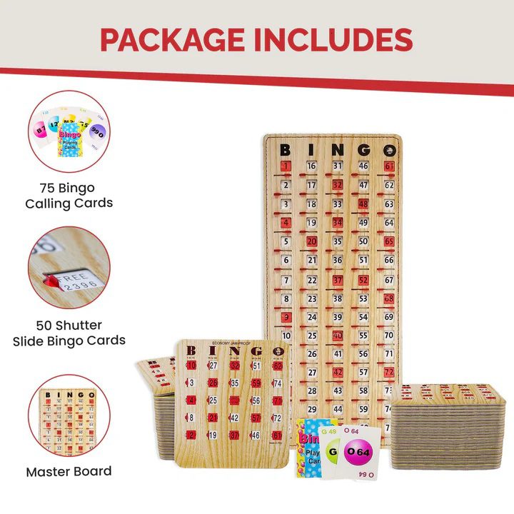 Complete Bingo Game Kit (50 Economy JAM PROOF Shutter Cards, Slider Masterboard, & Bingo Calling Cards)