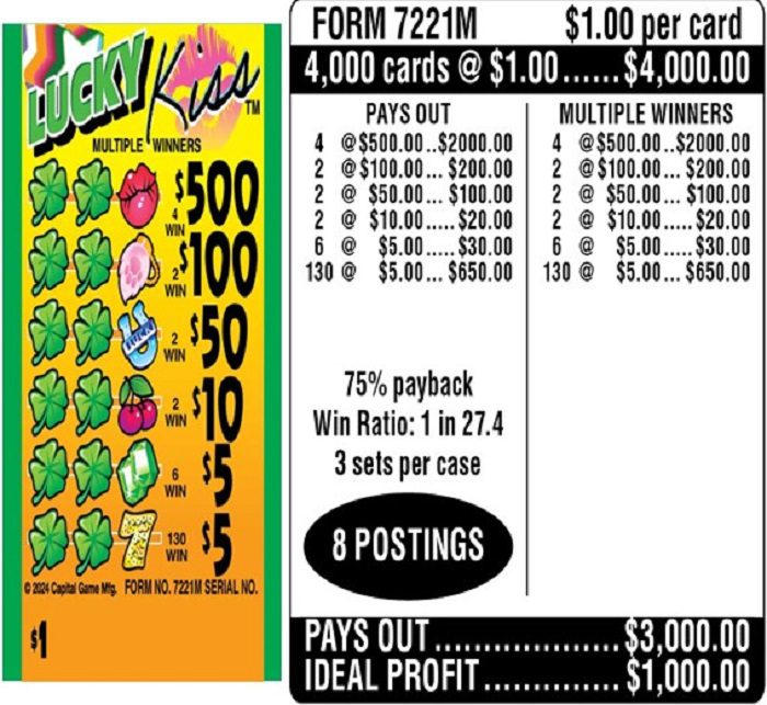 $1.00 Instant Ticket – $500 TOP ($5 Bottom) – Form # 7221M Lucky Kiss (3-Window)