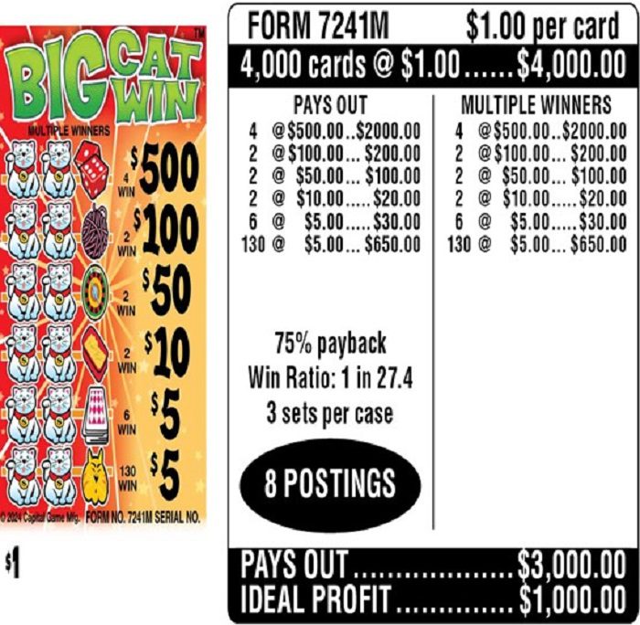 $1.00 Instant Ticket – $500 TOP ($5 Bottom) – Form # 7241 Big Cat Win (3-Window)