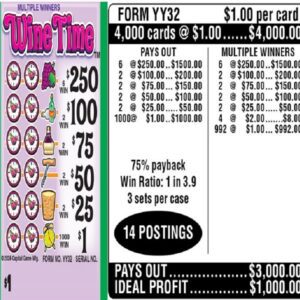$1.00 Instant Ticket - $250 TOP ($1 Bottom) - Form # YY32 Wine Time (3-Window)