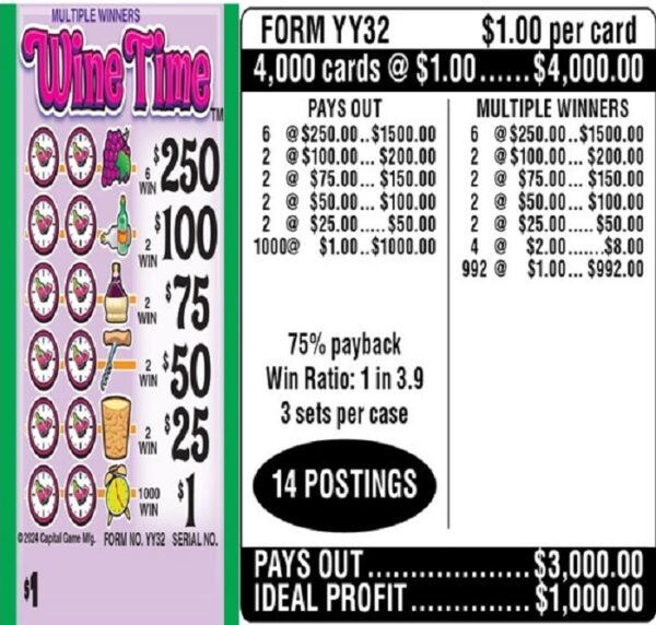 $1.00 Instant Ticket - $250 TOP ($1 Bottom) - Form # YY32 Wine Time (3-Window)