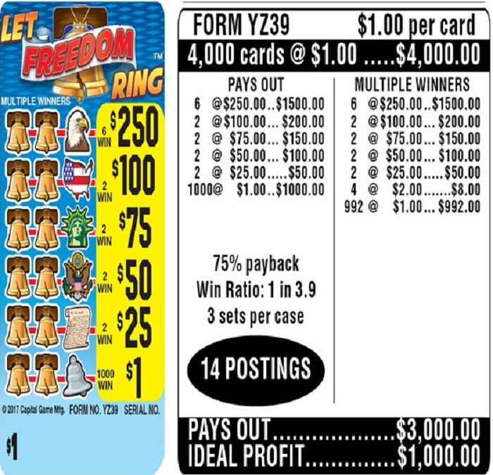 $1.00 Instant Ticket – $250 TOP ($1 Bottom) – Form # YZ39 Let Freedom Ring (3-Window)