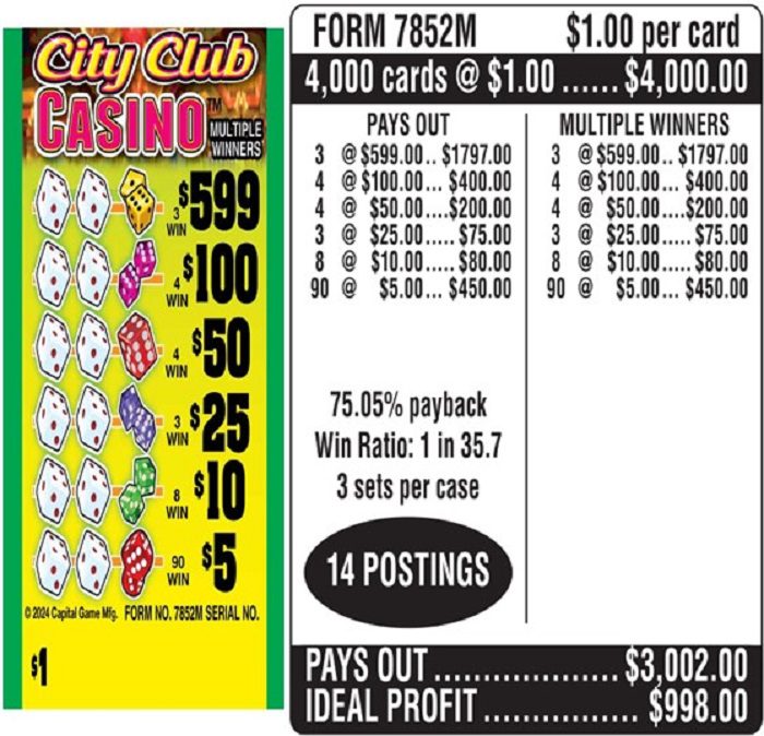 $1.00 Instant Ticket – $599 TOP ($5 Bottom) – Form # 7852M City Club Casino (3-Window)