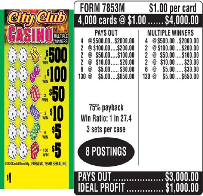 $1.00 Instant Ticket – $500 TOP ($5 Bottom) – Form # 7853M City Club Casino (3-Window)