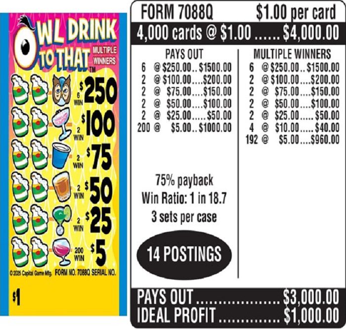 $1.00 Instant Ticket – $250 TOP ($5 Bottom) – Form # 7088Q Owl Drink To That (3-Window)