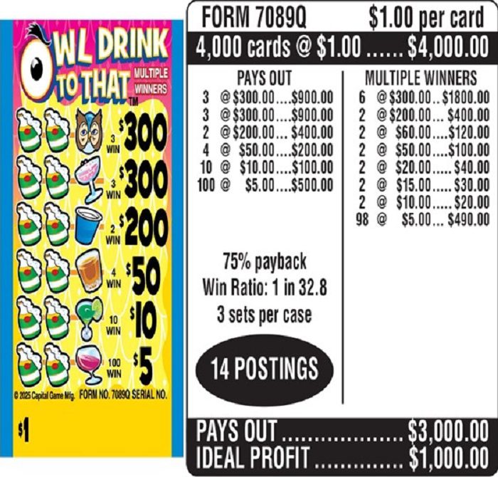 $1.00 Instant Ticket – $300 TOP ($5 Bottom) – Form # 7089Q Owl Drink To That (3-Window)