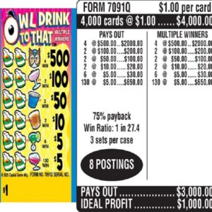 $1.00 Instant Ticket - $500 TOP ($5 Bottom) - Form # 7091Q Owl Drink To That (3-Window)