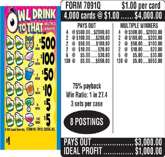 $1.00 Instant Ticket – $500 TOP ($5 Bottom) – Form # 7091Q Owl Drink To That (3-Window)