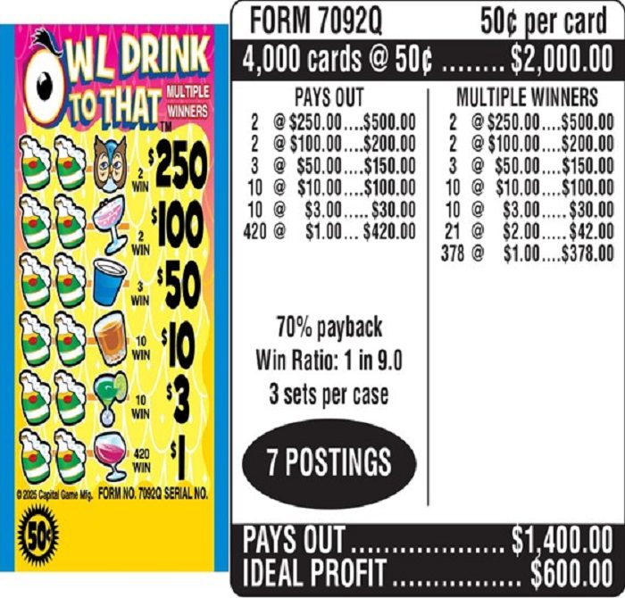 $0.50 Instant Ticket – $250 TOP ($1 Bottom) – Form # 7092Q Owl Drink To That (3-Window)