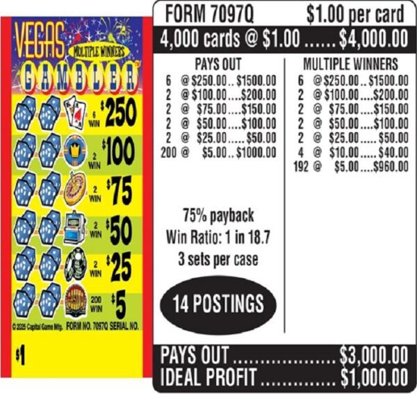 $1.00 Instant Ticket - $250 TOP ($5 Bottom) - Form # 7097Q Vegas Gambler (3-Window)