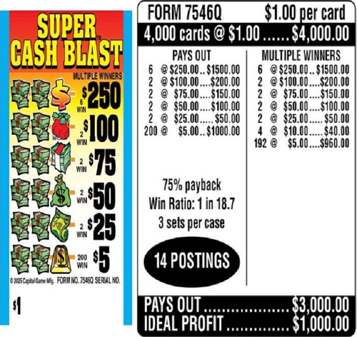 $1.00 Instant Ticket – $250 TOP ($5 Bottom) – Form # 7546Q Super Cash Blast (3-Window)