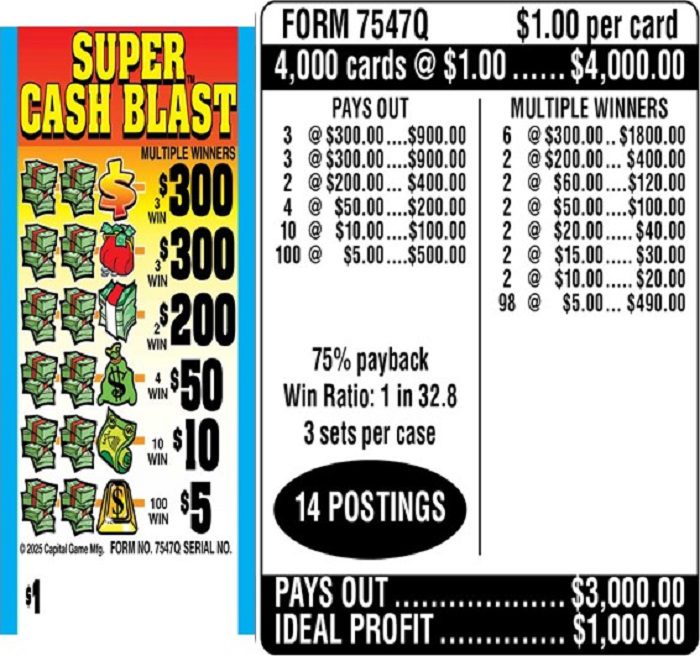 $1.00 Instant Ticket – $300 TOP ($5 Bottom) – Form # 7547Q Super Cash Blast (3-Window)