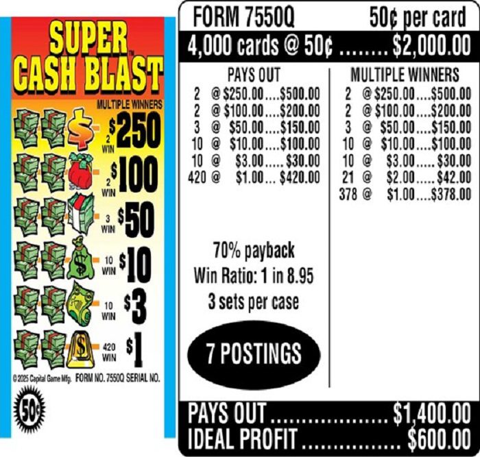 $0.50 Instant Ticket – $250 TOP ($1 Bottom) – Form # 7550Q Super Cash Blast (3-Window)