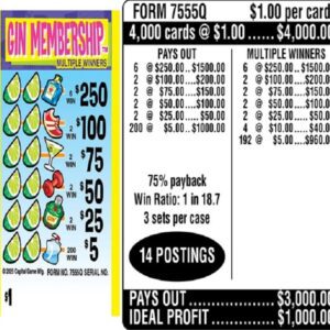 $1.00 Instant Ticket - $250 TOP ($5 Bottom) - Form # 7555Q Gin Membership (3-Window)
