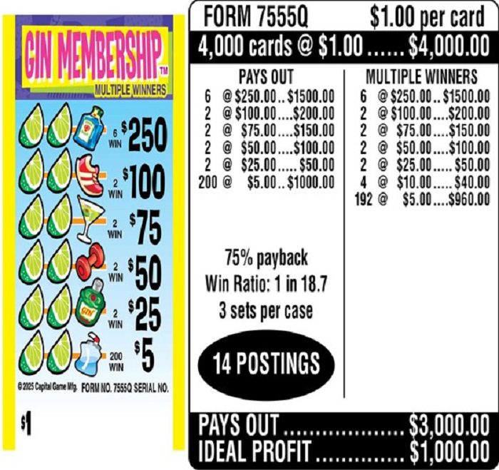 $1.00 Instant Ticket – $250 TOP ($5 Bottom) – Form # 7555Q Gin Membership (3-Window)