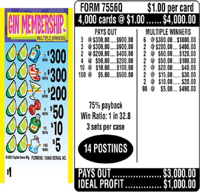 $1.00 Instant Ticket – $300 TOP ($5 Bottom) – Form # 7556Q Gin Membership (3-Window)