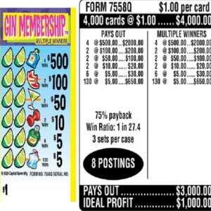 $1.00 Instant Ticket - $500 TOP ($5 Bottom) - Form # 7558Q Gin Membership (3-Window)
