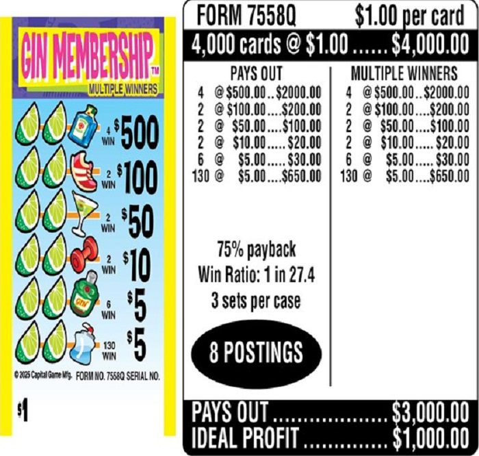 $1.00 Instant Ticket – $500 TOP ($5 Bottom) – Form # 7558Q Gin Membership (3-Window)