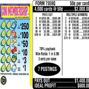 $0.50 Instant Ticket - $250 TOP ($1 Bottom) - Form # 7559Q Gin Membership (3-Window)