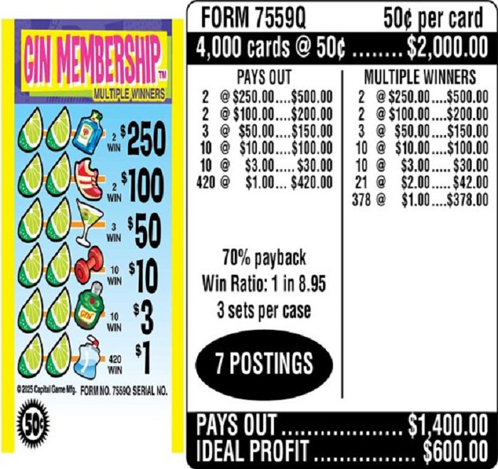 $0.50 Instant Ticket – $250 TOP ($1 Bottom) – Form # 7559Q Gin Membership (3-Window)