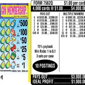$1.00 Instant Ticket - $500 TOP ($1 Bottom) - Form # 7562Q Gin Membership (3-Window)