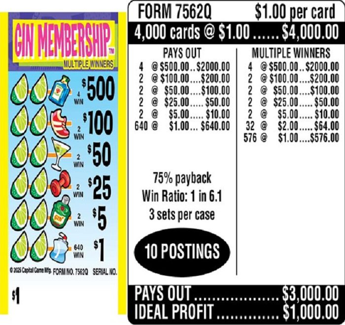 $1.00 Instant Ticket – $500 TOP ($1 Bottom) – Form # 7562Q Gin Membership (3-Window)