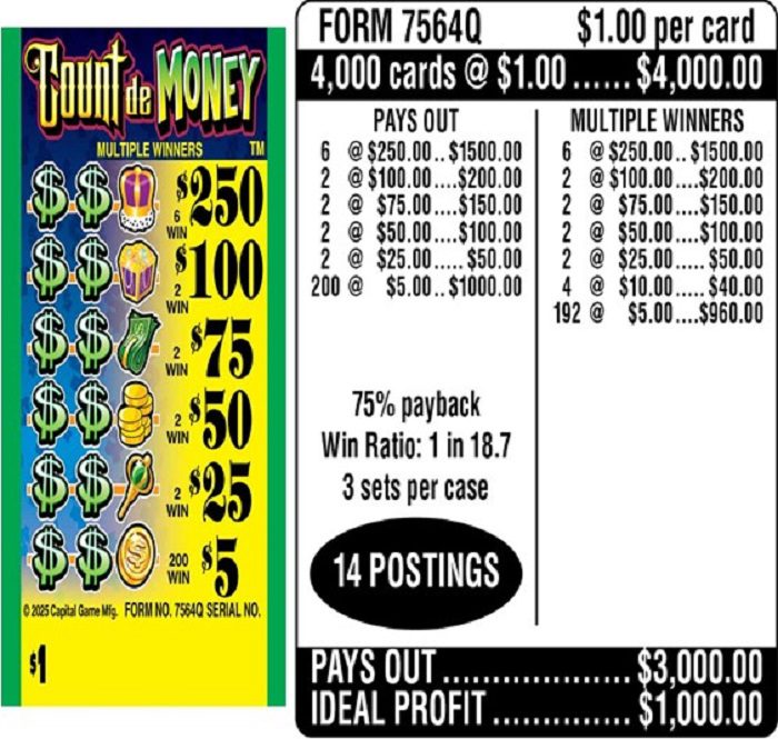 $1.00 Instant Ticket – $250 TOP ($5 Bottom) – Form # 7564Q Count de Money (3-Window)