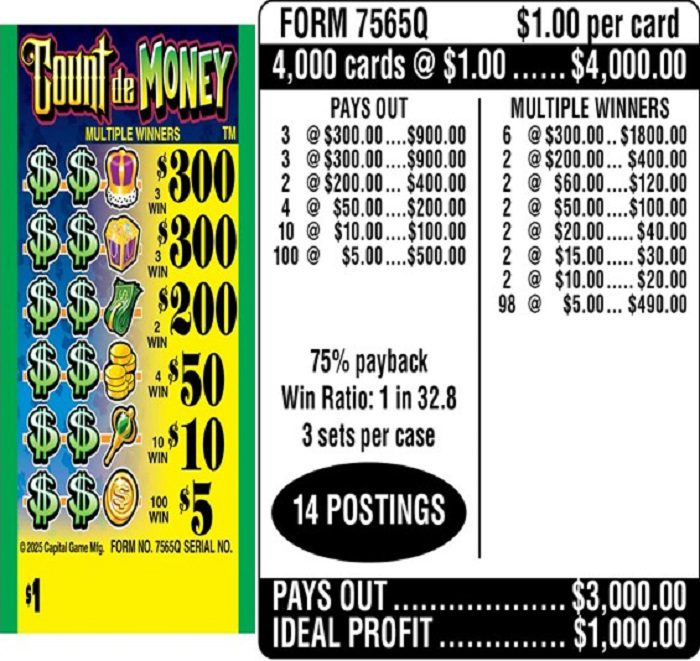 $1.00 Instant Ticket – $300 TOP ($5 Bottom) – Form # 7565Q Count de Money (3-Window)