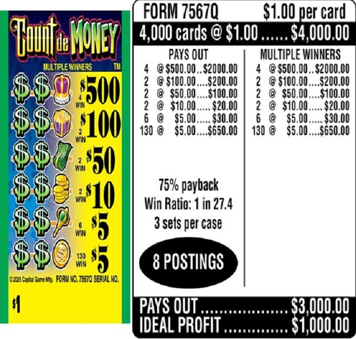 $1.00 Instant Ticket – $500 TOP ($5 Bottom) – Form # 7567Q Count de Money (3-Window)