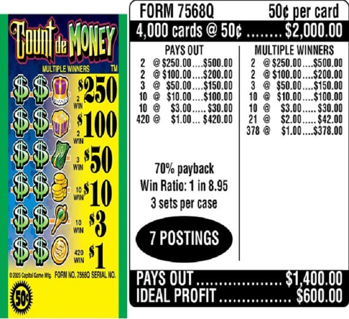$0.50 Instant Ticket – $250 TOP ($1 Bottom) – Form # 7568Q Count de Money (3-Window)
