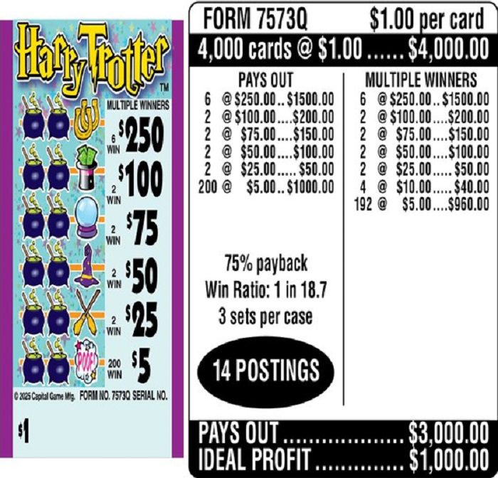 $1.00 Instant Ticket – $250 TOP ($5 Bottom) – Form # 7573Q Harry Trotter (3-Window)
