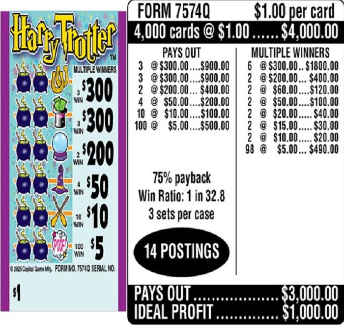 $1.00 Instant Ticket – $300 TOP ($5 Bottom) – Form # 7574Q Harry Trotter (3-Window)