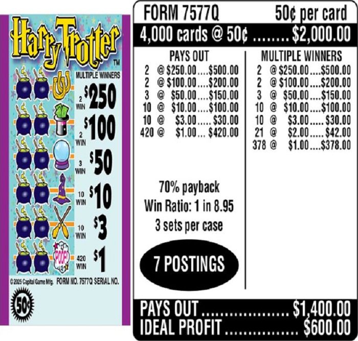 $0.50 Instant Ticket – $250 TOP ($1 Bottom) – Form # 7577Q Harry Trotter (3-Window)