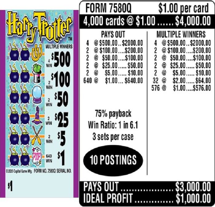 $1.00 Instant Ticket – $500 TOP ($1 Bottom) – Form # 7580Q Harry Trotter (3-Window)