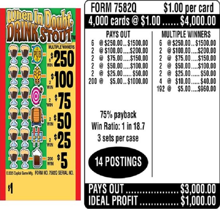 $1.00 Instant Ticket – $250 TOP ($5 Bottom) – Form # 7582Q When In Doubt, Drink Stout (3-Window)
