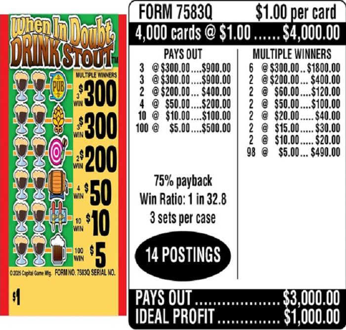 $1.00 Instant Ticket – $300 TOP ($5 Bottom) – Form # 7583Q When In Doubt, Drink Stout (3-Window)