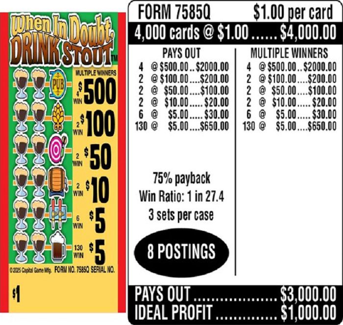 $1.00 Instant Ticket – $500 TOP ($5 Bottom) – Form # 7585Q When In Doubt, Drink Stout (3-Window)