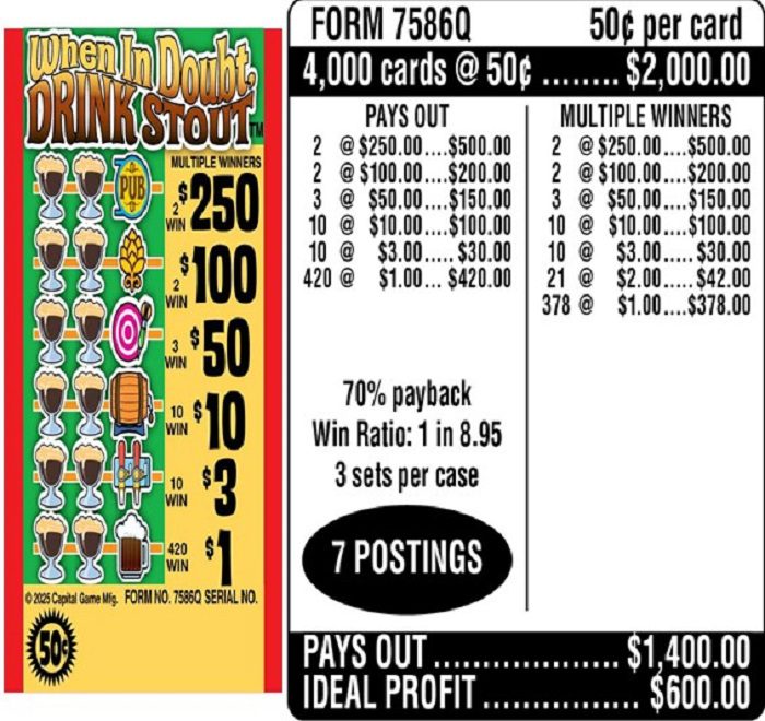 $0.50 Instant Ticket – $250 TOP ($1 Bottom) – Form # 7586Q When In Doubt, Drink Stout (3-Window)