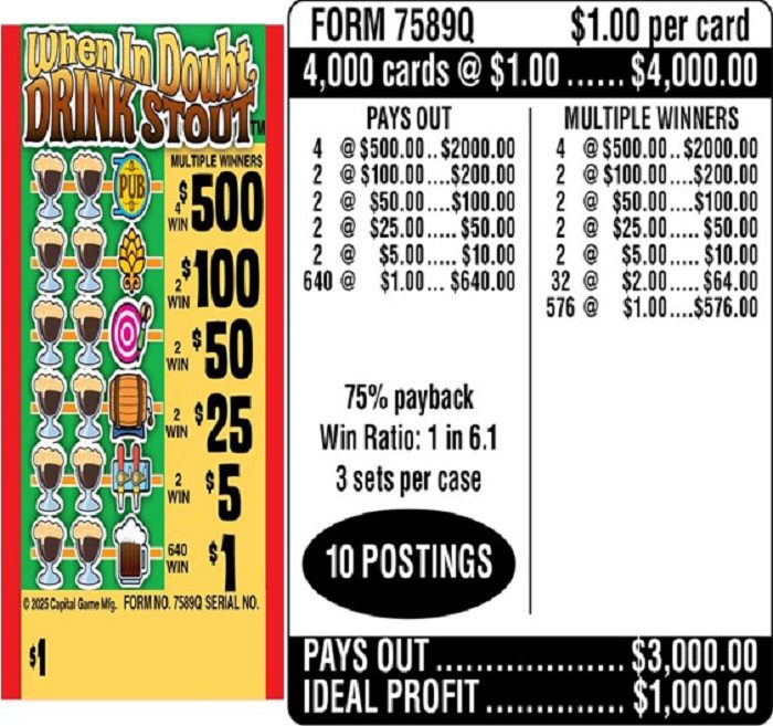 $1.00 Instant Ticket – $500 TOP ($1 Bottom) – Form # 7589Q When In Doubt, Drink Stout (3-Window)