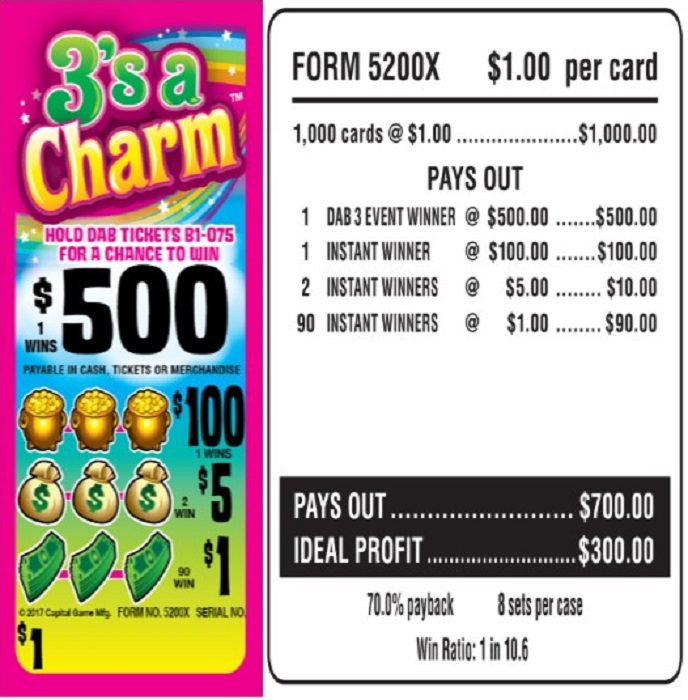 $1.00 Bingo Event Ticket –  $500 TOP – Form # 5200X 3’s A Charm