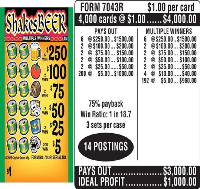 $1.00 Instant Ticket – $250 TOP ($5 Bottom) – Form # 7043R Shakesbeer (3-Window)