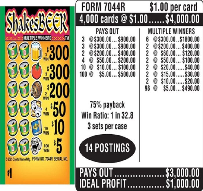 $1.00 Instant Ticket – $300 TOP ($5 Bottom) – Form # 7044R Shakesbeer (3-Window)