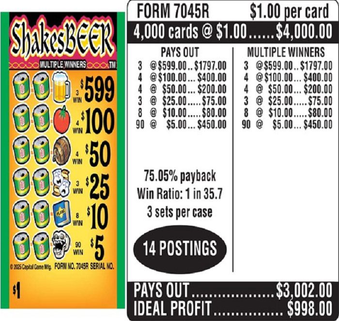$1.00 Instant Ticket – $599 TOP ($5 Bottom) – Form # 7045R Shakesbeer (3-Window)