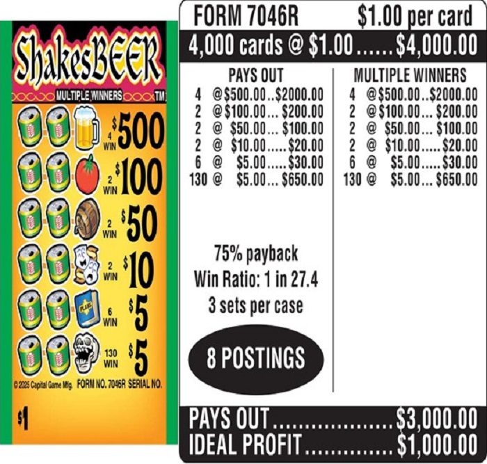 $1.00 Instant Ticket – $500 TOP ($5 Bottom) – Form # 7046R Shakesbeer (3-Window)